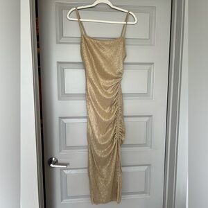 PrettyLittleThing Gold Glitter Plisse Halterneck Ruched Midi Dress US 8 NWT